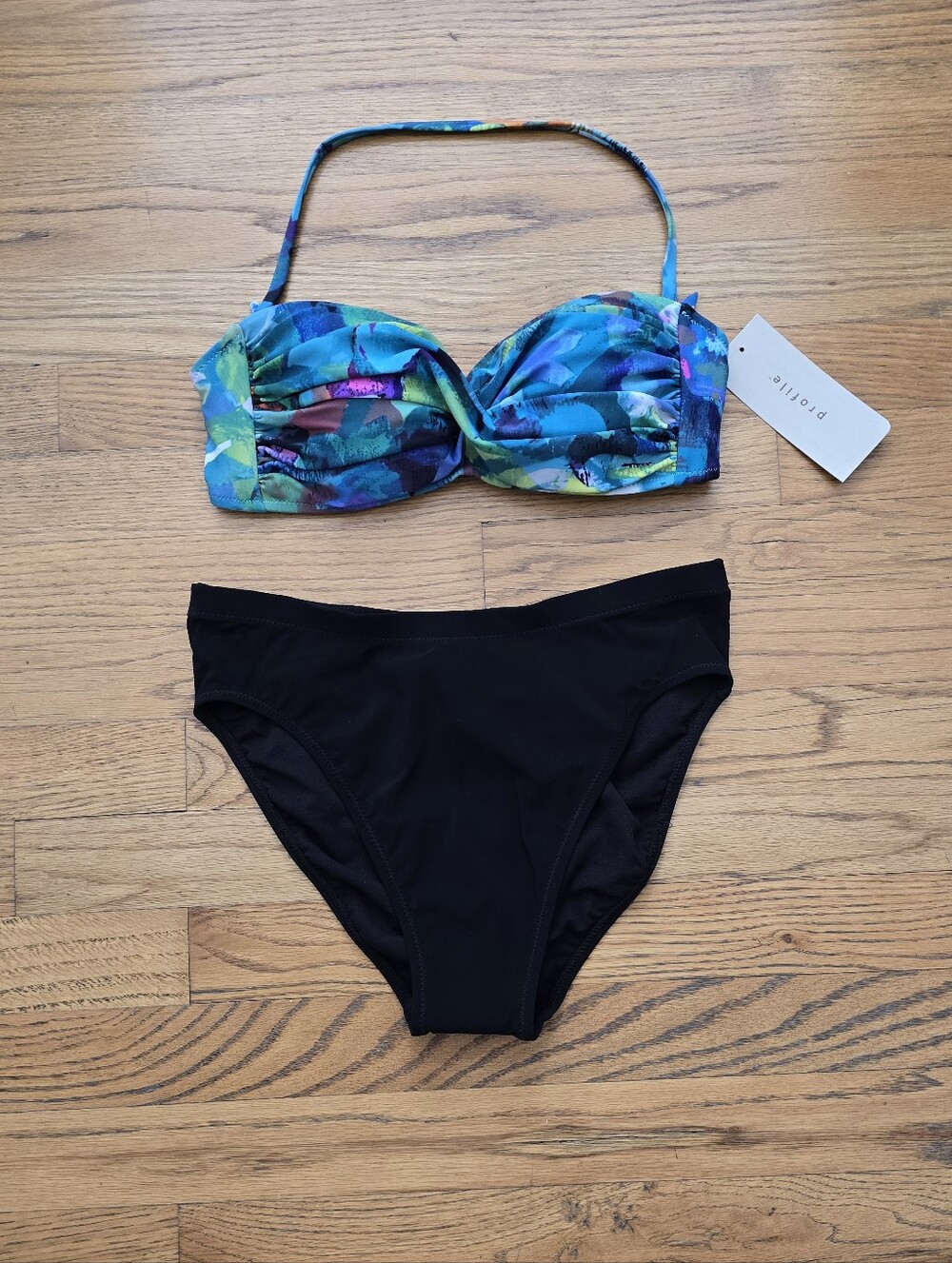 NWT Womens Two-Piece Bandeau Swim Set - Black Bottom with Blue Multi Floral Top